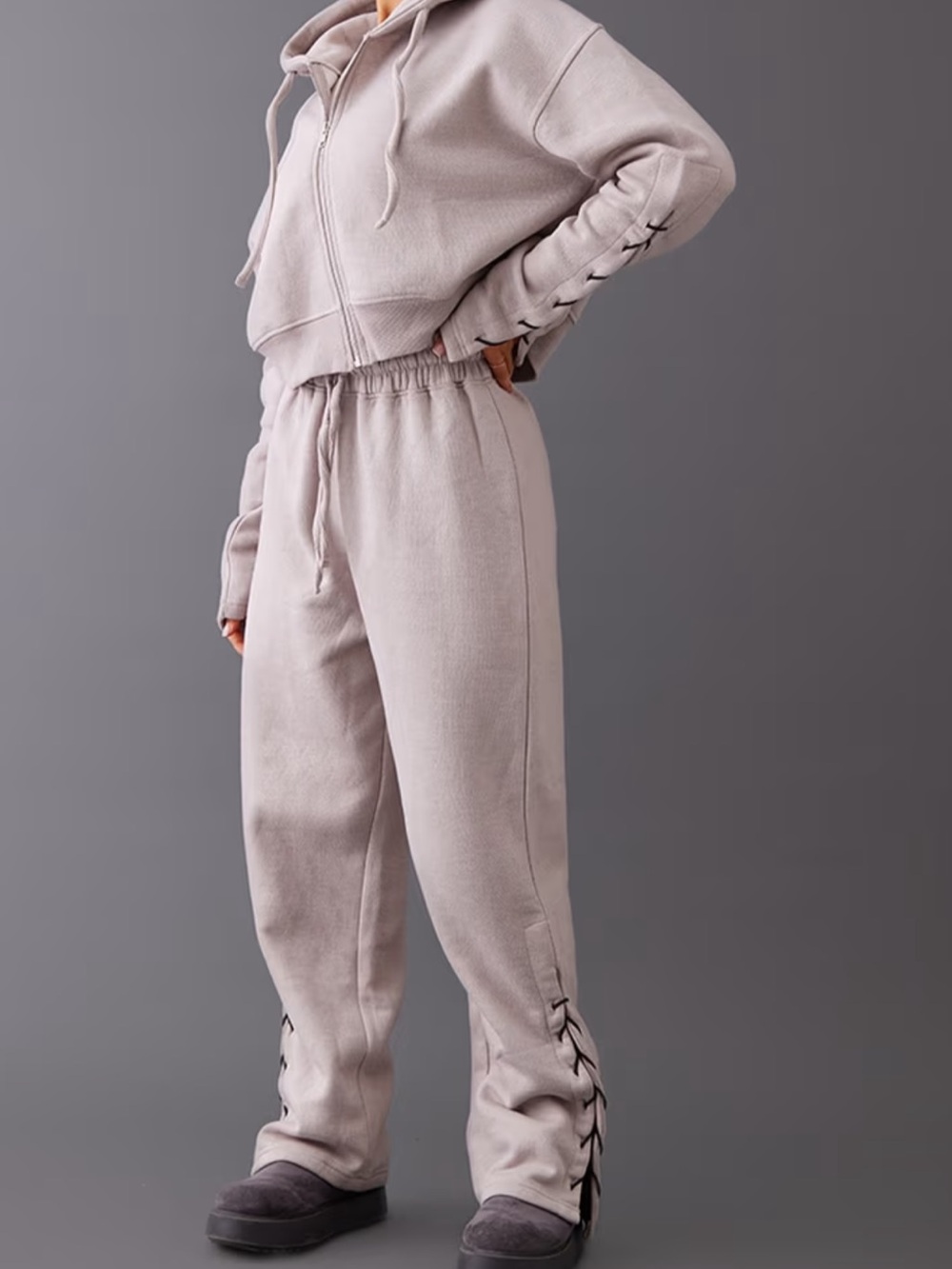 PrettyLittleThing Cropped Zip Hoodie Jacket and sweatpants in light taupe